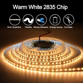 Tesfish Tira de luz LED de 12 V, 5 mm de ancho, blanco cálido, 3000 K, 5 m, 2835, IP20, 120 ledes/m, total de 600 ledes, tira de luz para dormitorio, cocina decoración