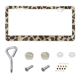 ZNDAW Bling License Plate Frame, Stainless Steel Glitter Crystal Diamond License Plate Cover Holder, Sparkly Bedazzled Rhinestone Car Tag Covers for Women, Car Accessories (Leopard)