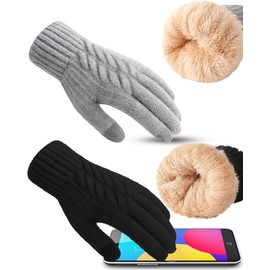 2 Pairs Winter Gloves for Women,Womens Knit Glove Soft Thick Fleece,Warm Touch Screen Texting Gloves (Grey,Black, One Size)