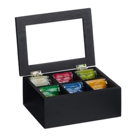 Relaxdays Tea Box, 6 Compartments, Bamboo, H x D: 9 x 21.5 x 16 cm, Tea & Coffee Pods, Tea Box with Lid, Dust-Proof, Black