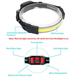 SEVENKA - Faro LED recargable, iluminación 210, 500 lúmenes, ajustable y cómodo, resistente al agua IP55, 3.2 onzas, ligero, ideal para camping, correr, senderismo, faros duros