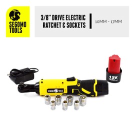 Segomo Tools 3/8 Inch Drive Cordless Ratchet - 33 Ft-lbs 230 RPM 12V Electric Ratchet Wrench Set - Power Ratchet with 2 Batteries - Electric Ratchet - Cordless Ratchet Wrench 3/8-3800ELCRAT