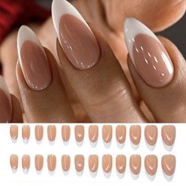 Almond Fake Nails, French White Edge Nude Acrylic Full Cover Detachable Medium Length Press on Stick for Women