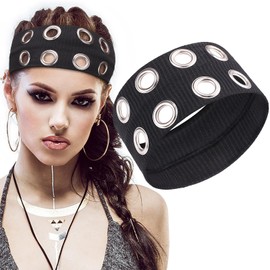 Noverlife Women Hollow Out Eyelets Elastic Headband, Y2K Punk Grunge Fashion Wide Headband, Grommet Fashionable Eyelet Design Headbands, Black Eyelets Elastic Stretchy Casual Hair Headbands for Girls