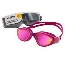 LEXXOO Swimming Goggles with Polarising Coating and UV Protection, Waterproof Anti-Fog Swimming Goggles for Men and Women, with Push Button System and Large Field of View (Pink)