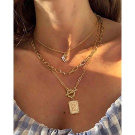 MJartoria Layered Initial Necklaces for Women Trendy, 14K Gold Plated Simple Moon Choker Square Letter Pendant Necklace, Paperclip Chain Necklace, Gold Necklaces Jewelry Gifts (Gold, Z)