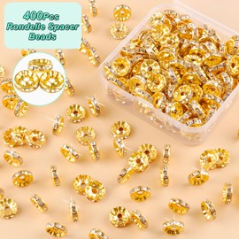 400Pcs 8mm Sparkling Crystal Spacer Beads, Gold Rondelle Spacer Beads Crystal Rhinestone Flat Loose Beads Gold Beads for Bracelet Necklace Jewellery Making DIY Craft