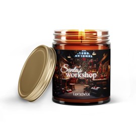 Fantaswick Christmas Candle Santa's Workshop | Scented with Leather, Balsam, Berries, Cinnamon & Peppermint | 100% Natural Coconut Soy Wax Candle | 9oz Amber Candle Jar
