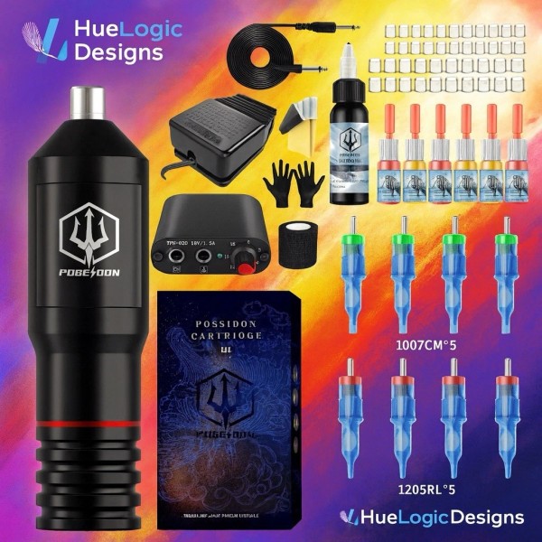 Unbranded Poseidion Professional Wirless Rotary Tattoo Pen Kit Gun Complete