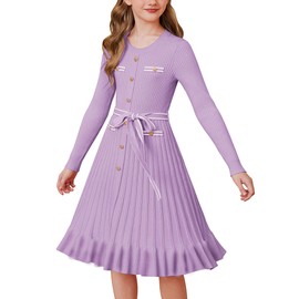Girls Sweater Dress Purple Long Sleeve Fall Winter Ruffle Casual Holiday Casual Party Knit Dresses Size 8-10