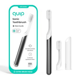 quip Cepillo de dientes eléctrico para adultos, cepillo de dientes sónico con cubierta de viaje y soporte de espejo, cerdas suaves, temporizador y mango de metal, pizarra