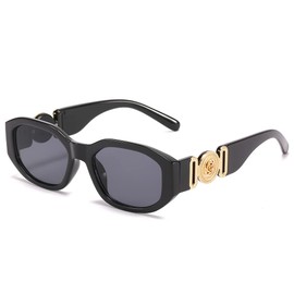 LASPOR Irregular Sunglasses for Women Men Trendy Retro Vintage Rectangle Glasses Hexagon Shades Driving UV400 Protection, Black, Medium