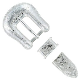 Western Cowboy Cowgirl Floral Engraved Belt Buckle Set fits 3/4"(19mm) Belt Strap - (Brgiht Silver)