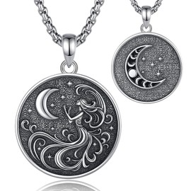 Vito 925 Sterling Silver Nyx Moon Goddess Necklace for Women Men, Witchy Nox Night Goddess Moon Phase Pendant Pagan Jewelry Gift for Mom Wife, 20+2"