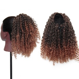 GOTEFERBE Kinky Curly Drawstring Ponytail 12 Inch Blonde Synthetic Hair Clip In Ponytail for Women Voluminous Bouncy Curls Heat Resistant Hair Extension T30 Color