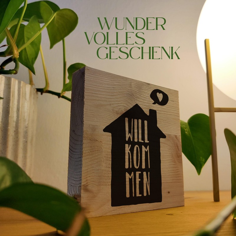 Willkommensgeschenk - Willkommen Holzbild + Reagenzglas zum Hinstellen opt. als
