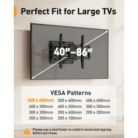 Perlegear UL-Listed Full Motion TV Wall Mount for 40–86 Inch Flat Curved TVs up to 132 lbs, 12″/16″ Wood Studs, TV Mount Bracket with Tool-Free Tilt, Swivel, Extension, Max VESA 600 x 400mm, PGLF15
