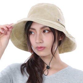 TRAX SHOP TGY-032 Women's Hat, UV Protection, Chin Strap, UV Protection, Foldable, 11 Colors, Cycling Hat, Does Not Fly in the Wind, UPF 50+, For Spring, Summer, Autumn, Winter, Nursery School, Outdoor, Festivals, corduroy light beige, 57.5 cm