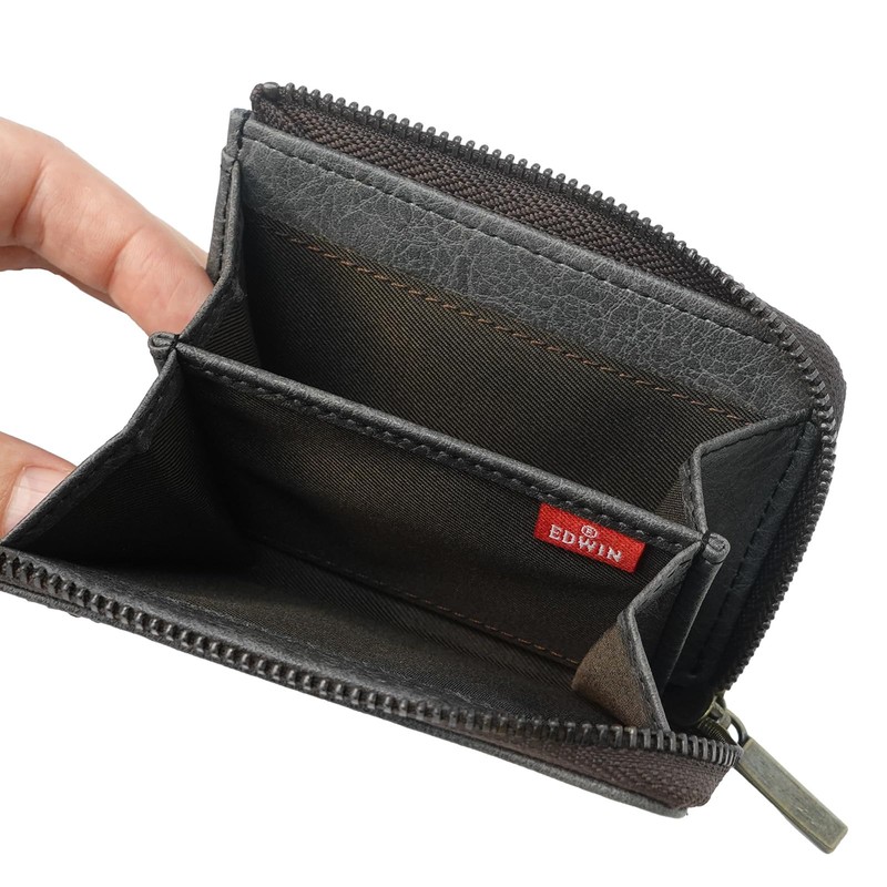 Edwin Men's Coin Purse, Metal Plate, Grain Leather, Card Storage,