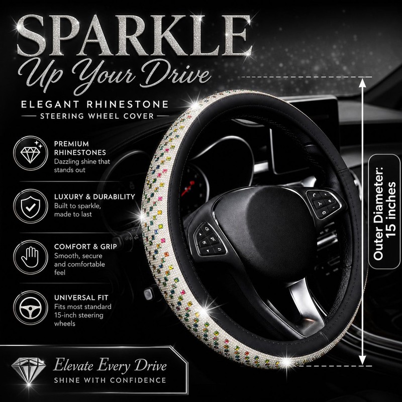 15" Sparkly Large Diamond Steering Cover for Women,Universal Fit (Colorful)