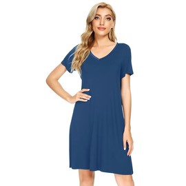 WiWi Soft Bamboo Nightgowns for Women Sleep Shirts Lightweight Short Sleeve Lounge Dress Plus Size Sleepwear S-4X, Dark Blue, XX-Large