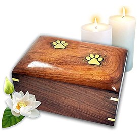 Lindia Memorial Beautiful Wooden Pet Urn with Brass Paw Design - Rosewood Pet Cremation Urn - Perfect Memorial Pet Urns for Dog and Cat Ashes