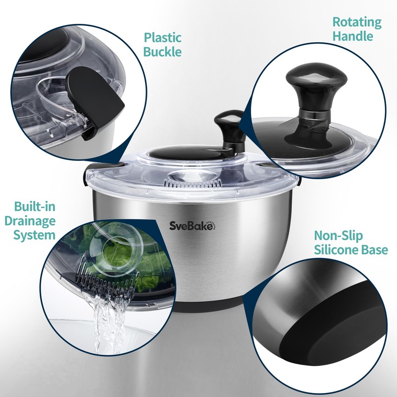 SveBake Stainless Steel Salad Spinner, 4.2 Qt Vegetable Washer, BPA-Free