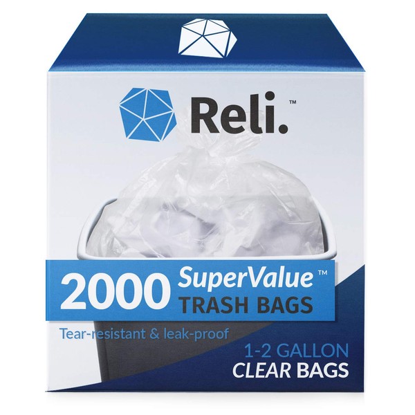Reli. SuperValue 1-2 Gallon Trash Bags | 2000 Count Bulk | Small | Clear Multi-Use Garbage Bags