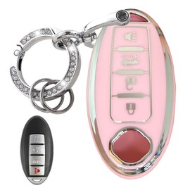 WENHENI Keyless Entry Systems Key for Nissan Key Fob Cover Shell with Keychain Fit for Nissan Altima Maxima Rogue Armada Pathfinder Smart Key (4Buttons Silver-Pink)