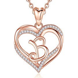 INFUSEU Name Necklace, Heart Pendant Necklace, Letter A-Z, Alphabet Jewellery, Double Heart Initial Chains, Cubic Zirconia CZ for Women, Romantic Gifts for Girlfriend, 20 Inch Chain, Copper, Cubic