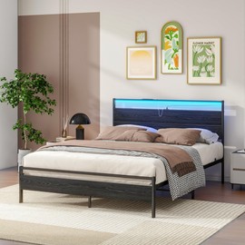 Queen Bed Frame,Queen Size Metal Platform Bed Frame with Storage & LED Light Headboard and USB Charging Station,No Box Spring Needed,Heavy Duty Metal Slats,Noise Free,Black