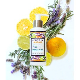 Aceite de Masaje Relajante Bamboo Words con Lavanda, Naranja y Té de Limón | Aceite Corporal Hidratante para Aromaterapia y Spa en Casa | Aceite Natural para Masaje Corporal 138 ml