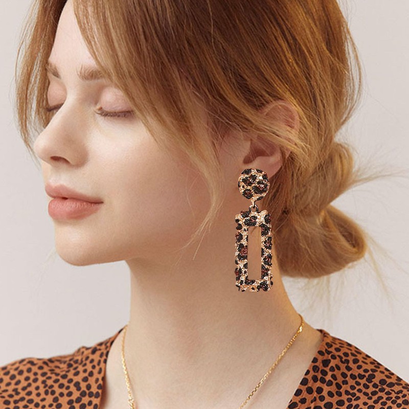 Solighter Leopard Print Hollow Geometric Large Square Dangle Stud Earrings