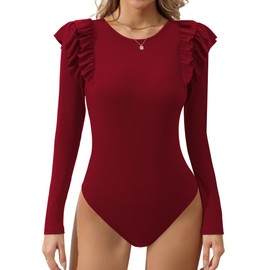 Missufe Women's Elegant Crew Neck Ruffle Long Sleeve Body Top Knitted Top, red