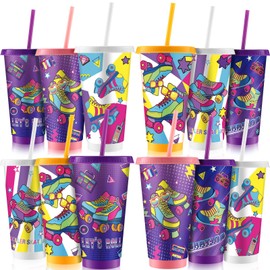 Tellingyou 12 Pack Roller Skates Plastic Cups with Lids and Straws 24 oz Reusable Roller Skating Tumblers Water Bottles for Sports Theme Party Decoration Adults Birthday Supplies