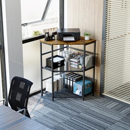 EasyCom Corner Printer Stand with Charging Station, Adjustable Height Storage Shelf for CPU Shredder, Triangle Corner Table for Small Space Office Living Room-Rustic Brown