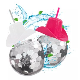 Grupo Carnavallia 2 Vaso Bola Disco Sombrero Texano Blanco Rosa Fiesta 500 Ml