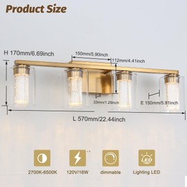 FILIMITIY 4-Light Gold Bathroom Vanity Light Fixture, Dimmable 5CCT Brushed Brass Bathroom Lights, 2700K-6500K Modern LED Wall Sconce Over Mirror with Clear Glass and Crystal Bubble