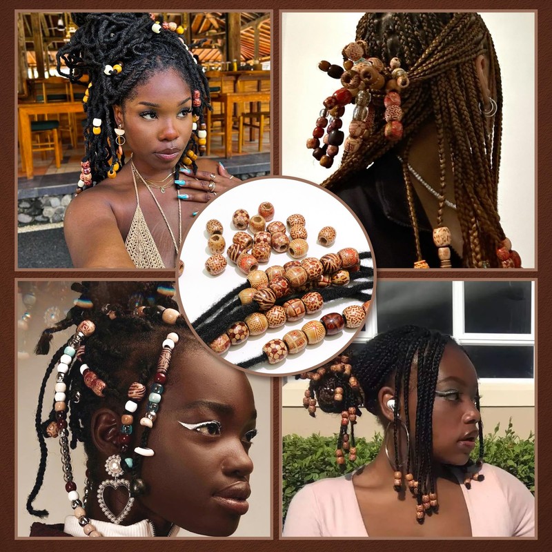 VENOFEN 60PCS Painted Wood Hair Beads Large Hole Natural Wooden