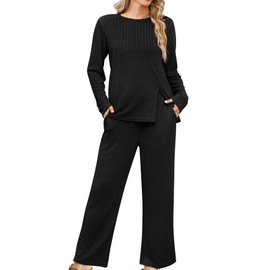 Phophila Women 2 Piece Lounge Pajamas Sets Casual Ribbed Knit Long Sleeve Top Pants Matching Set 2025 Fall Outfits Clothes Black L