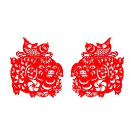 Chinese Paper-cut Art for Lucky Pig, Jian Zhi, Chinese New Year Decorations, Chinese Grilles,Vinyl Decal Sticker, Red (Each Pig is 8 inches)