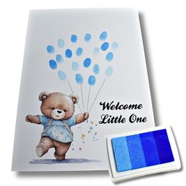 Baby Shower Fingerprint Guestbook Print - Teddy Bear - Balloons - A4 - Pink Blue Neutral Unisex Gender Reveal Party - Newborn Keepsake Gift (Blue)