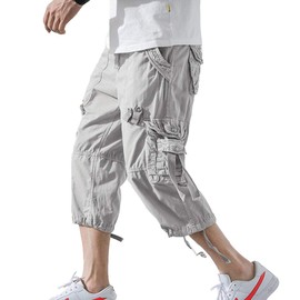 DONGD Mens Cargo Shorts Cotton 3/4 Loose Fit Below Knee Capri Cargo Short Light Grey
