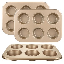 LDXDRU 3 Pack 6 Cup Gold Muffin Tin, 26 x 18cm Carbon Steel Muffin Tray, Non Stick Cupcake Tray Muffin Baking Tray Tin for Yorkshire Pudding Pies Cupcakes