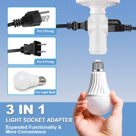 Light Socket to Plug Adapter (3 Pack), Light Bulb Outlet Socket Adapter for 3&2 Prong, High-Grade Heat-Resistant Material Light Bulb Plug Adapter, Bulbs to Multi-Plug Light Socket Outlet - White