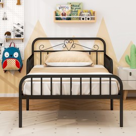 Giantex Metal Twin Bed Frames for Kids, Heavy Duty Metal Platform Bed Frame with Headboard & Safety Guardrails, Modern Toddler Bed with Slat Support for Girls Boys, No Box Spring Needed (Black)