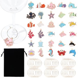 Megitzuu 30PCS Ocean Animal Wine Charms - Funny Dolphin, Octopus, Crab Glass Markers for Mugs, Cups, Party Favors & Wine Tasting