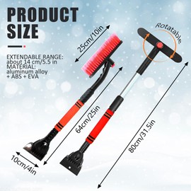 Car Ice Scraper with Broom, Snow Brush with Ice Scraper, Extendable Snow Removal Brush, Removable Snow Brush, Snow Scraper and Brush for Windscreens of Cars, SUVs and Trucks (Red)