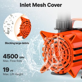 DOKO 4500GPH Submersible Water Pump, 180° Ajustable Pond Pump with 20FT Power Cord 220W Ultra Quiet Aquarium Pump for Pond, Fountain, Waterfall, Fish Tank, Hydroponic, Statuary, Orange Black