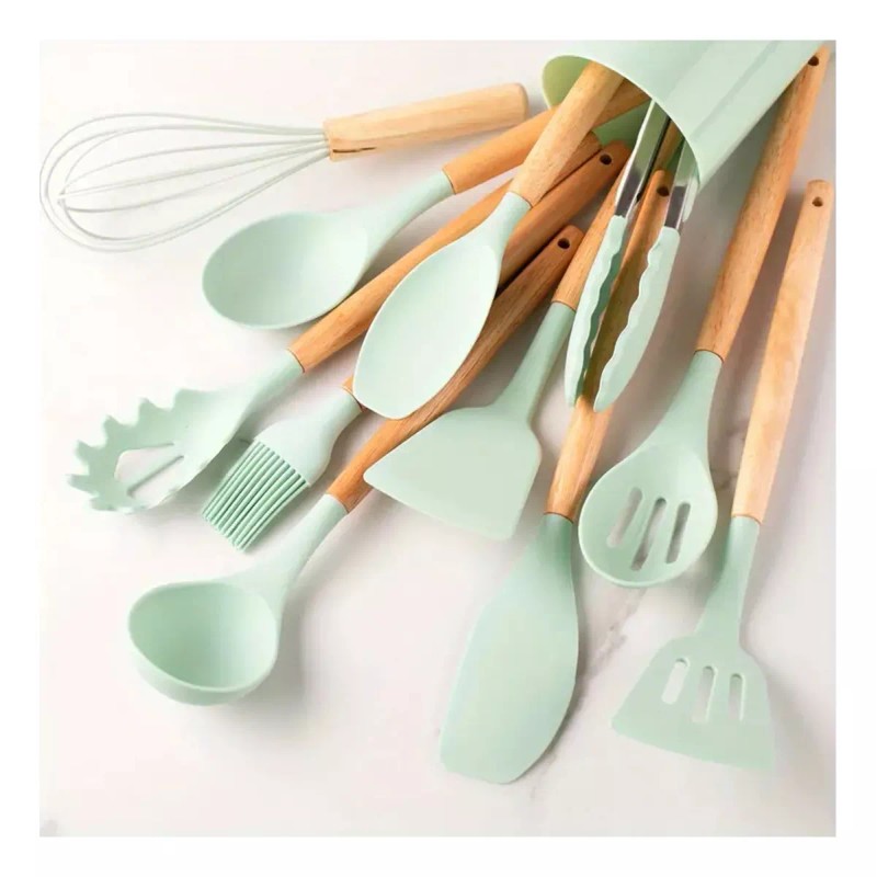 Alopor Utensilios De Cocina De Silicona Y Mango De Madera